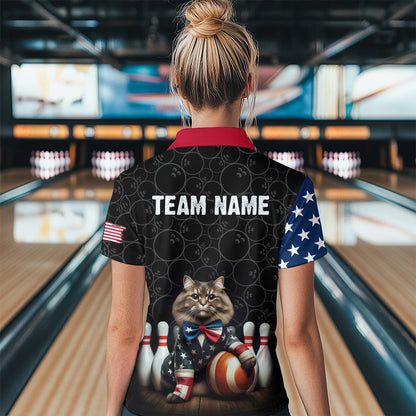 Personalized Patriotic Cat Bowling Shirt Quarter-Zip American Bowling Jersey for Men Women QZT673