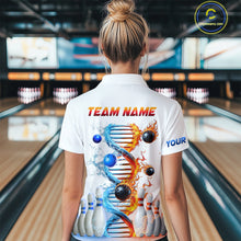Load image into Gallery viewer, Woman wearing custom ice and fire DNA bowling quarter-zip shirt, back view mockup, personalized bowling league jersey.