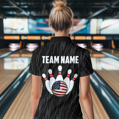 US Flag Personalized Bowling Team Shirts For Women Bowling League Polo & 1/4 Zip Shirt HNT11