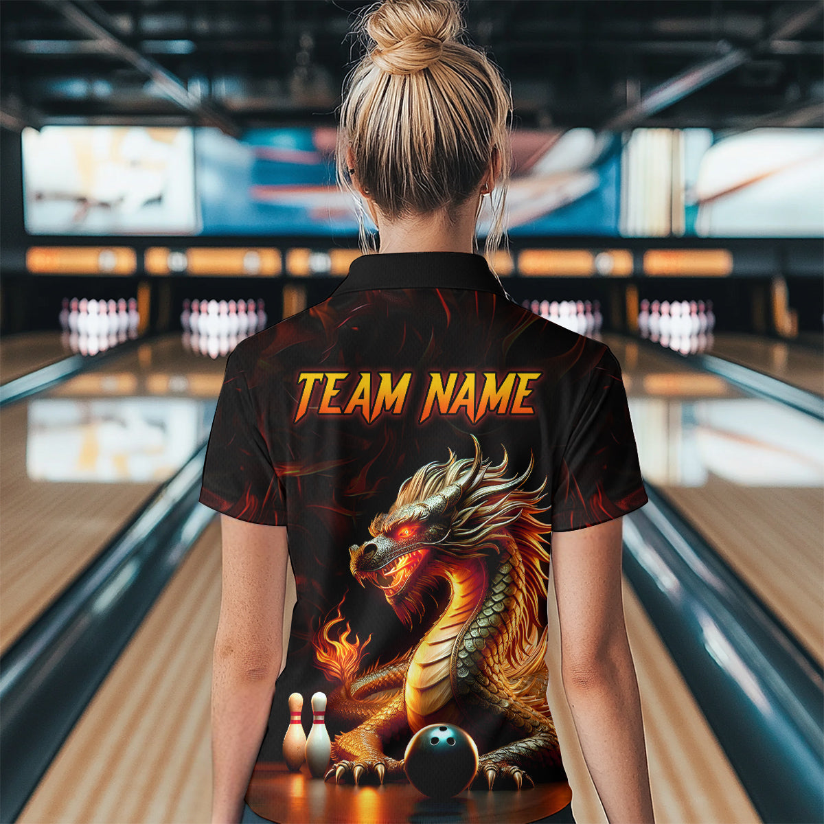 Orange & Black Flame Dragon Bowling Ball Pins Custom Bowling Quarter-Zip Shirt Bowling Team Jersey QZT667