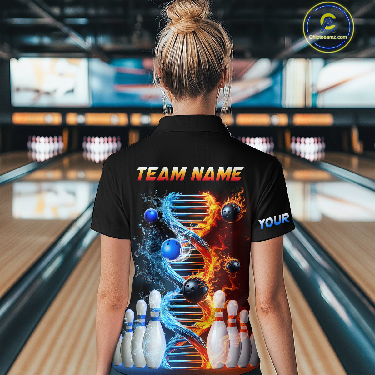 Woman wearing custom ice and fire DNA bowling 1/4 zip shirt, back view mockup, personalized bowling league jersey.