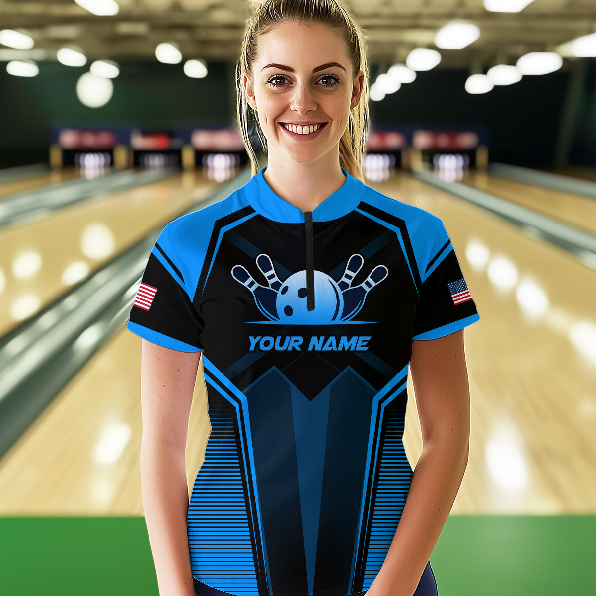 Custom Blue Bowling Jersey for Women Bowling Team Shirts Bowling Uniform Polo & 1/4 Zip HNT158