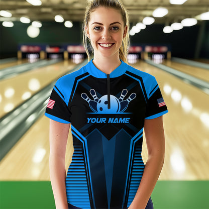 Custom Blue Bowling Jersey for Women Bowling Team Shirts Bowling Uniform Polo & 1/4 Zip HNT158