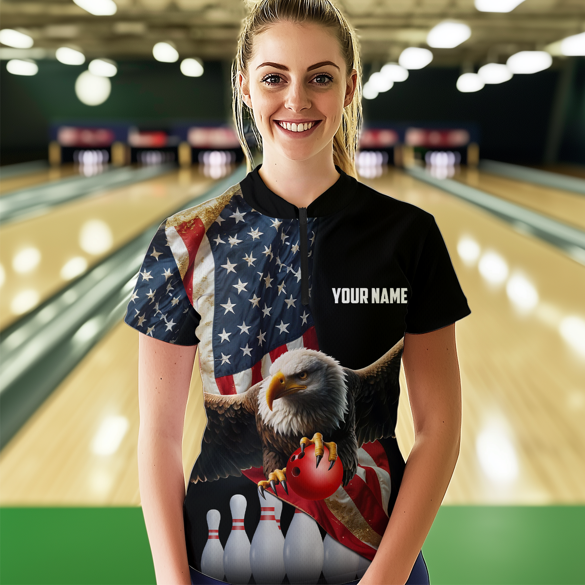 Custom Eagle Bowling Team Jersey American Bowling Quartar-Zip Shirt for Men Women QZT636