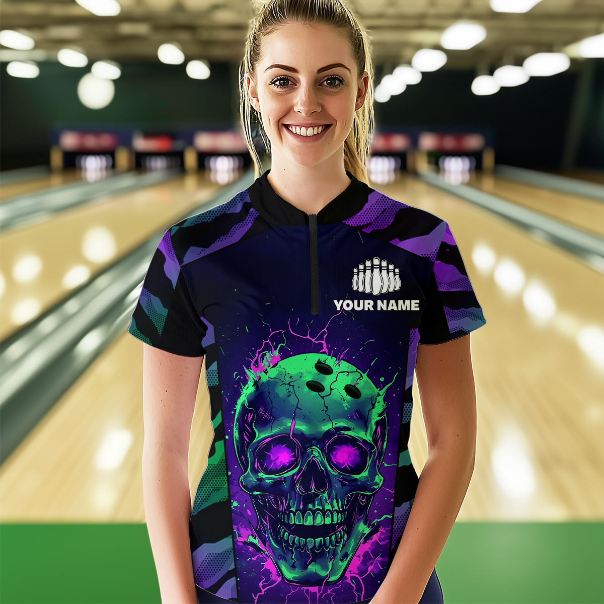 Black & Purple Skull Bowling Jersey Custom Quarter-Zip Bowling Team Shirt for Men Women QZT675