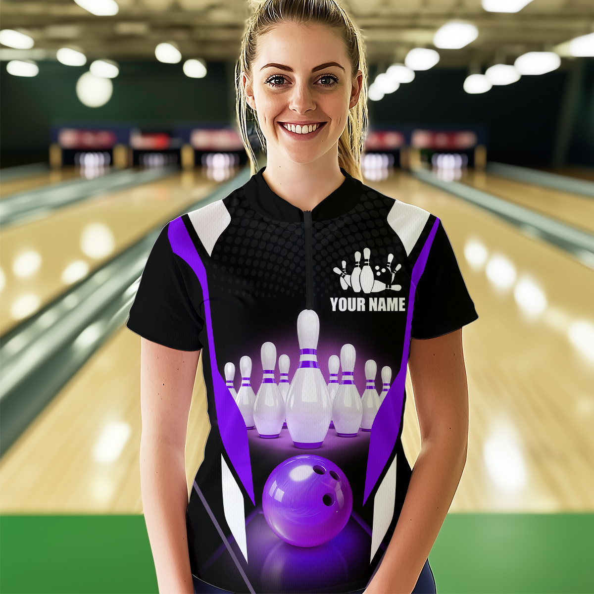 Purple Bowling Shirt for Men and Women Bowling Jersey with Team Bowling Polo & 1/4 Zip MBL42