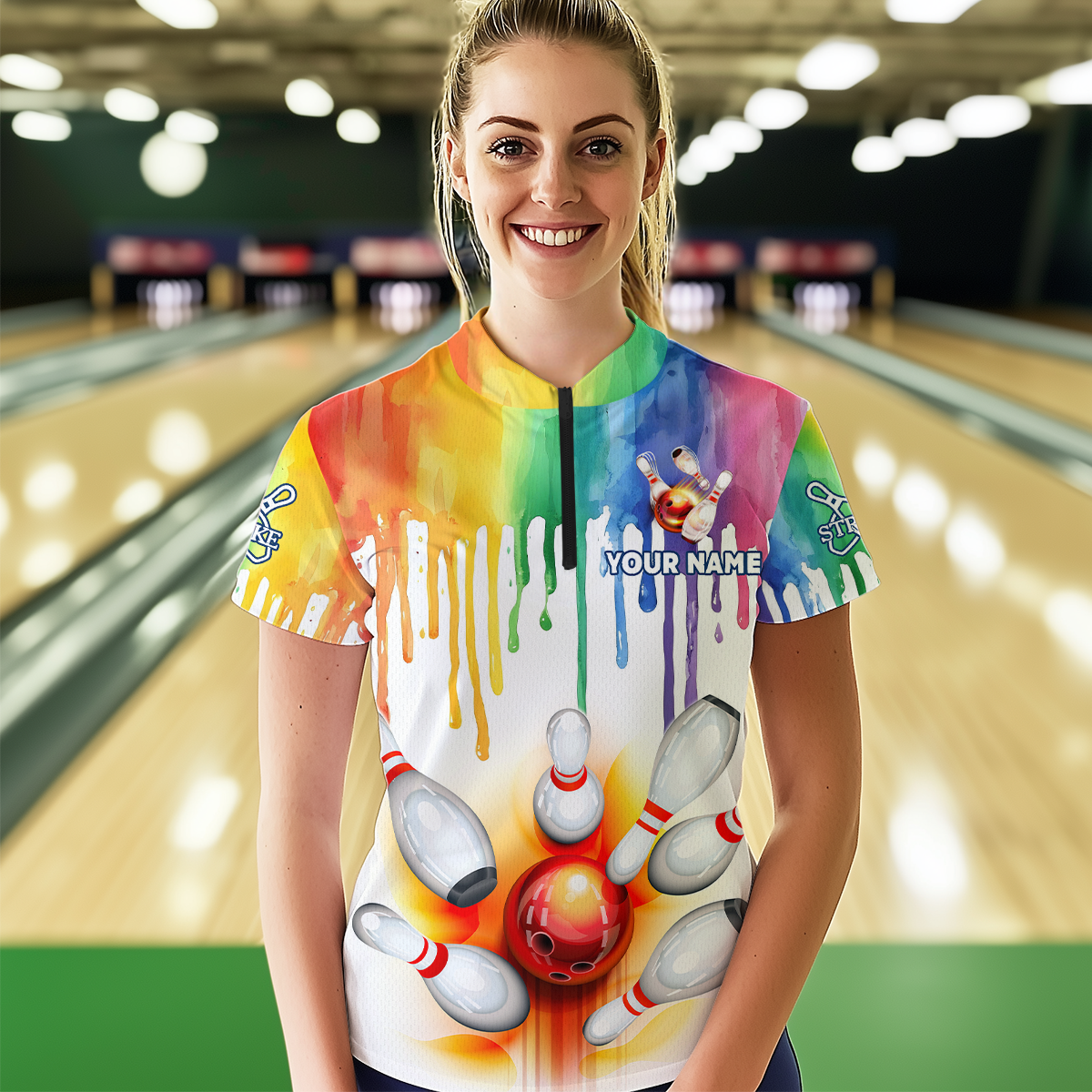Rainbow Bowling Shirt for Men Women Personalized Quarter-Zip Bowling Jersey Bowling Outfit QZT680