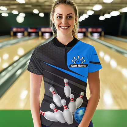Blue Bowling Shirt for Men&Women Team Bowling Jersey Colorful Bowling Polo & 1/4 Zip MBL49