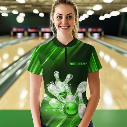 Custom Green Bowling Jersey for Women Bowling Team Shirts Bowling Uniform Polo & 1/4 Zip HNT162