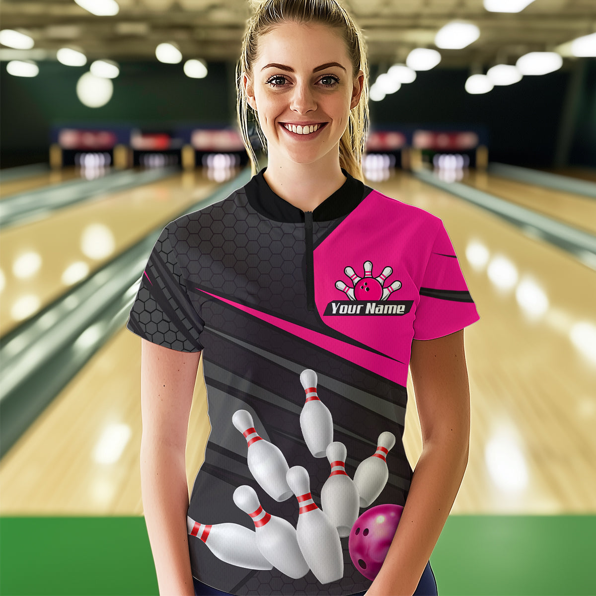 Pink Bowling Shirt for Men&Women Team Bowling Jersey Colorful Bowling Polo & 1/4 Zip MBL49