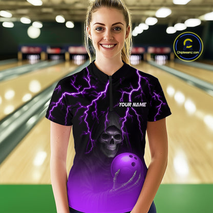 Custom Purple Thunder Skeleton Bowling Jersey for Women Bowling Polo & 1/4 Zip Bowling Team Shirts HNT108