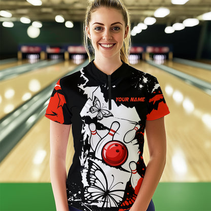 Custom Red Butterflies Bowling Shirt for Men Women Team Bowling Polo&Quater Zip MBL76