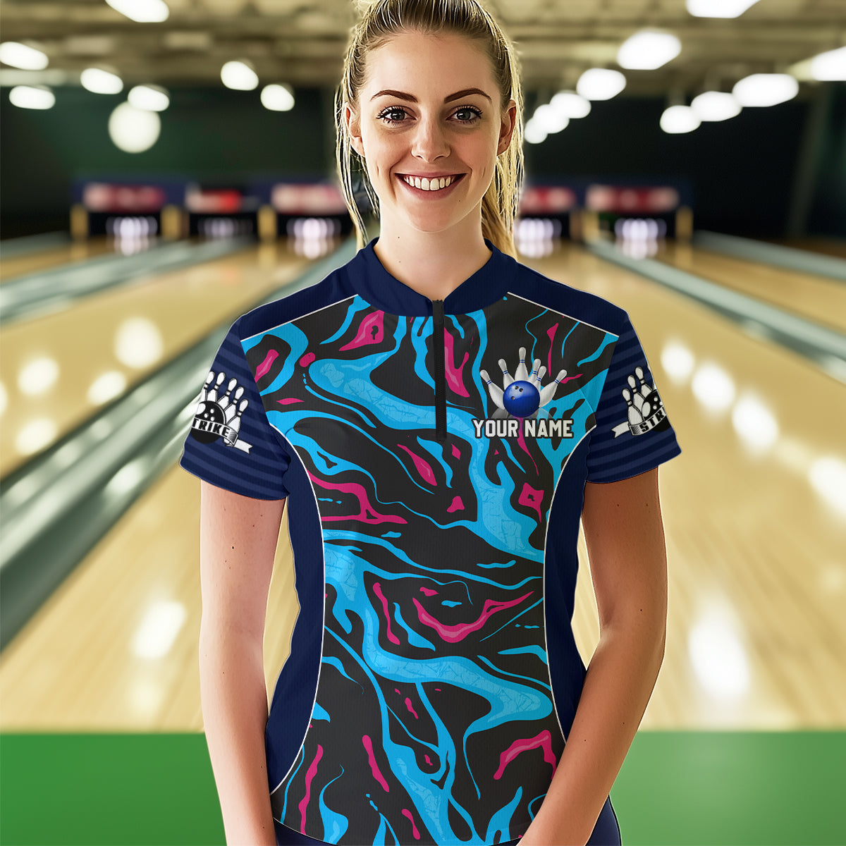 Custom Camo Pink & Teal Bowling Jersey Bowling Team League Shirt Quarter-Zip for Men Women QZT665