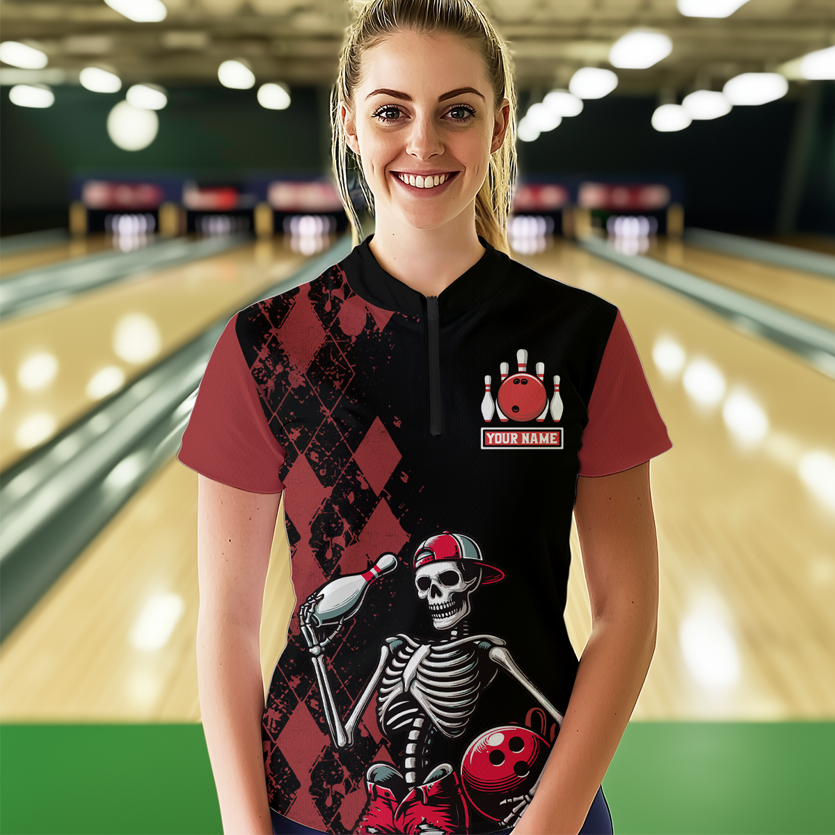 Custom Bowling 1/4-Zip Shirt for Men Women Skull Bowling Jersey Bowling Team League QZT47-6