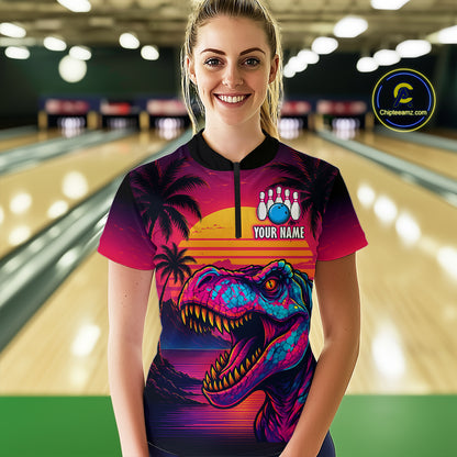 Custom Neon Dinosaur Bowling Women Bowling Shirt Polo & Quarter-Zip Bowling Team Jerseys HNT78