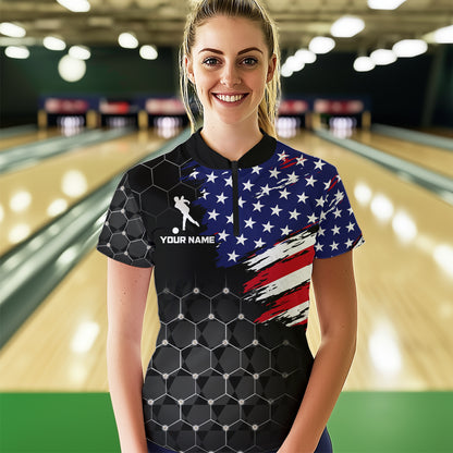 American Flag Bowling Shirts for Men Women Patriotic Bowling Jersey Polo&1/4 Zip Shirt MBL09
