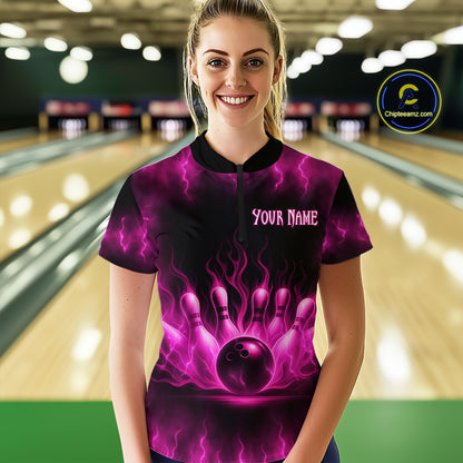 Custom Pink Flame Bowling Shirts for Women Men Team Bowling Polo and Quarter Zip MBL132
