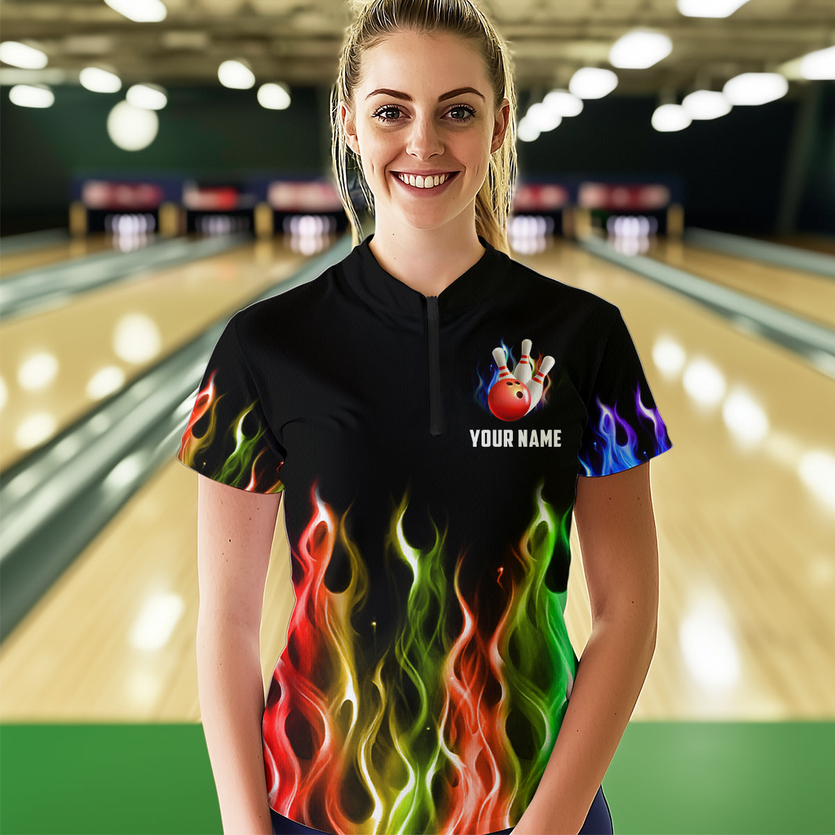 Rainbow Flame Eagle Bowling Team Jersey Personalized Bowling Quarter-Zip Shirt For Men And Women QZT681