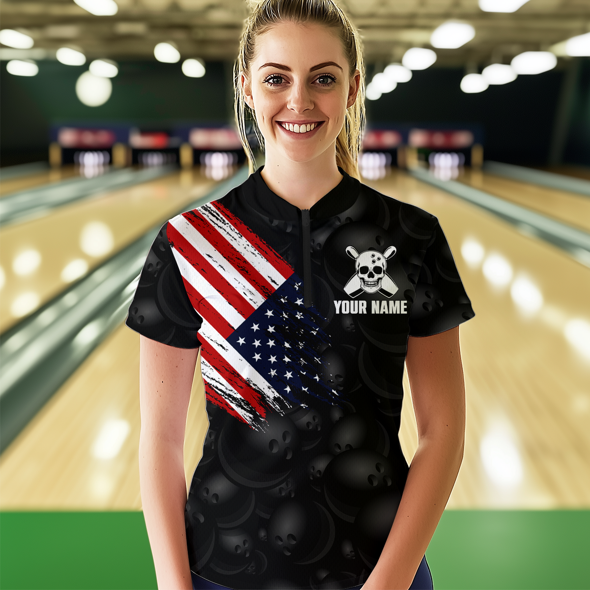 Skull US Flag Bowling Shirt for Women Personalized Patriotic Bowling Team Jersey Shirts Polo & Quarter-Zip HNT31