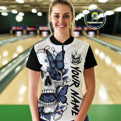 Blue Butterfly Skull Bowling Women Bowling Shirt Polo & Quarter-Zip Bowling Team Jerseys HNT80