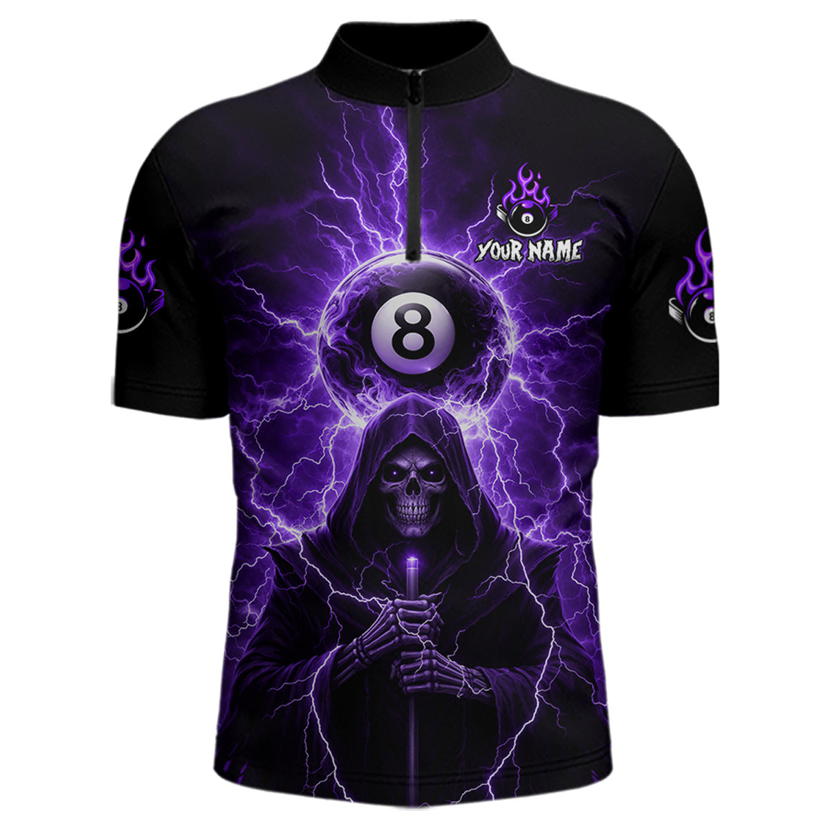 Grim Reaper Thunder Purple 8 Ball Pool Men Polo & 1/4-Zip Shirt Custom Billiards Ball Jerseys NYN2432