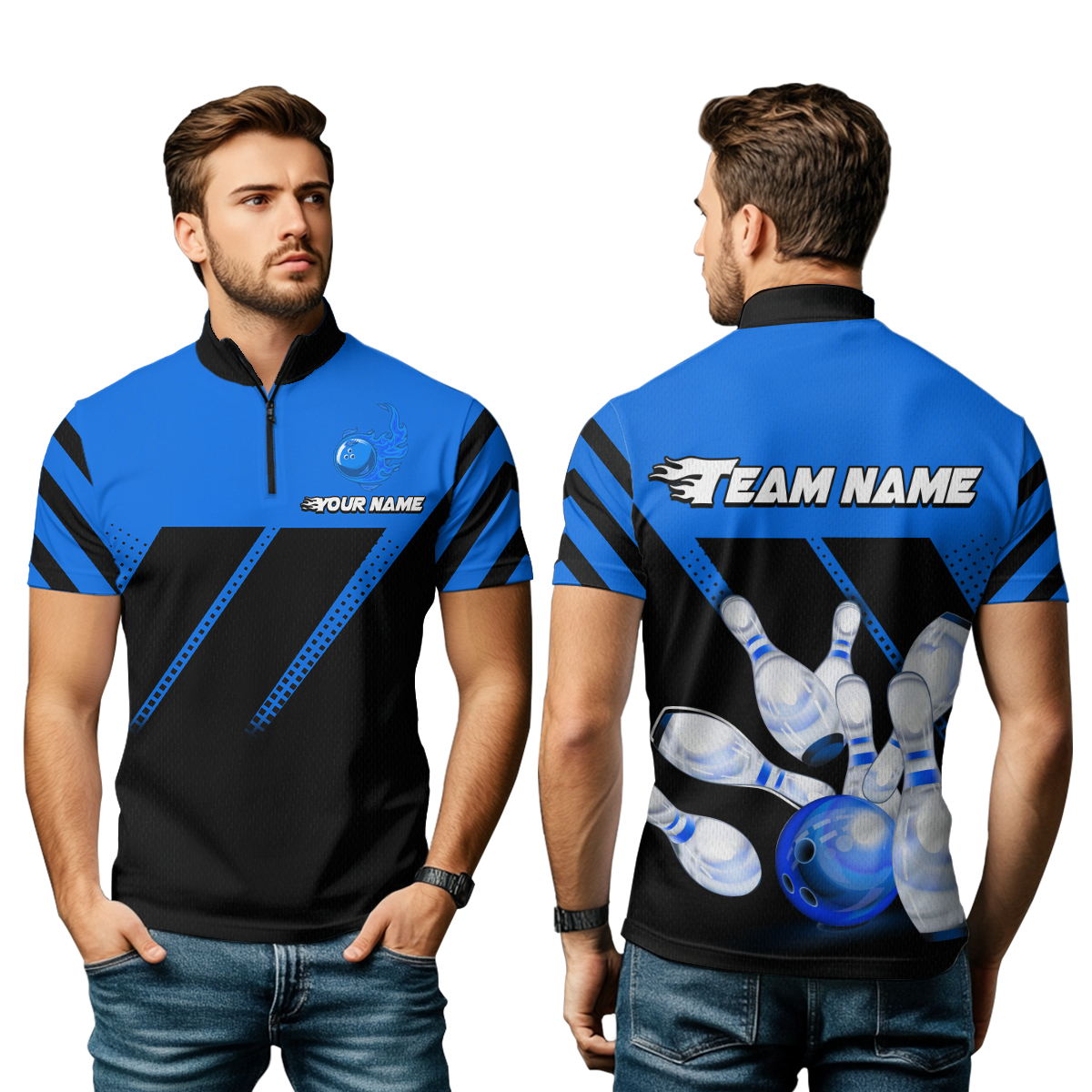 Blue Bowling Shirt Custom Bowling Jersey for Men Women Bowling Polo&1/4 Zip Shirts MBL51