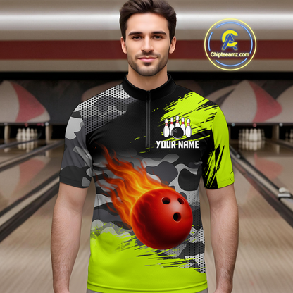 Custom Lime Green Bowling Shirt for Men Women Team Bowling Jerseys Polo 1/4 Zip MBL100