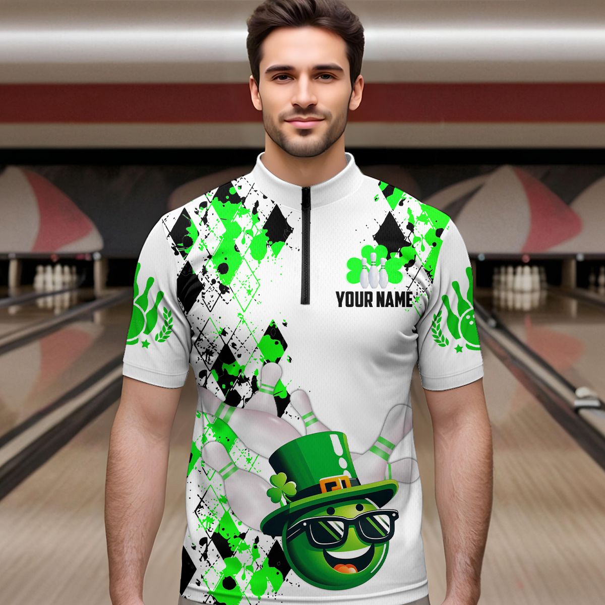 Custom Green Funny Bowling Shirt St Patrick Day Bowling 1/4-Zip Team Jersey Unisex QZT620