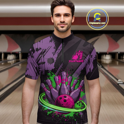 Custom Colorful Bowling Men Shirts Bowling Uniform Polo & 1/4 Zip Bowling Team Jerseys HNT99
