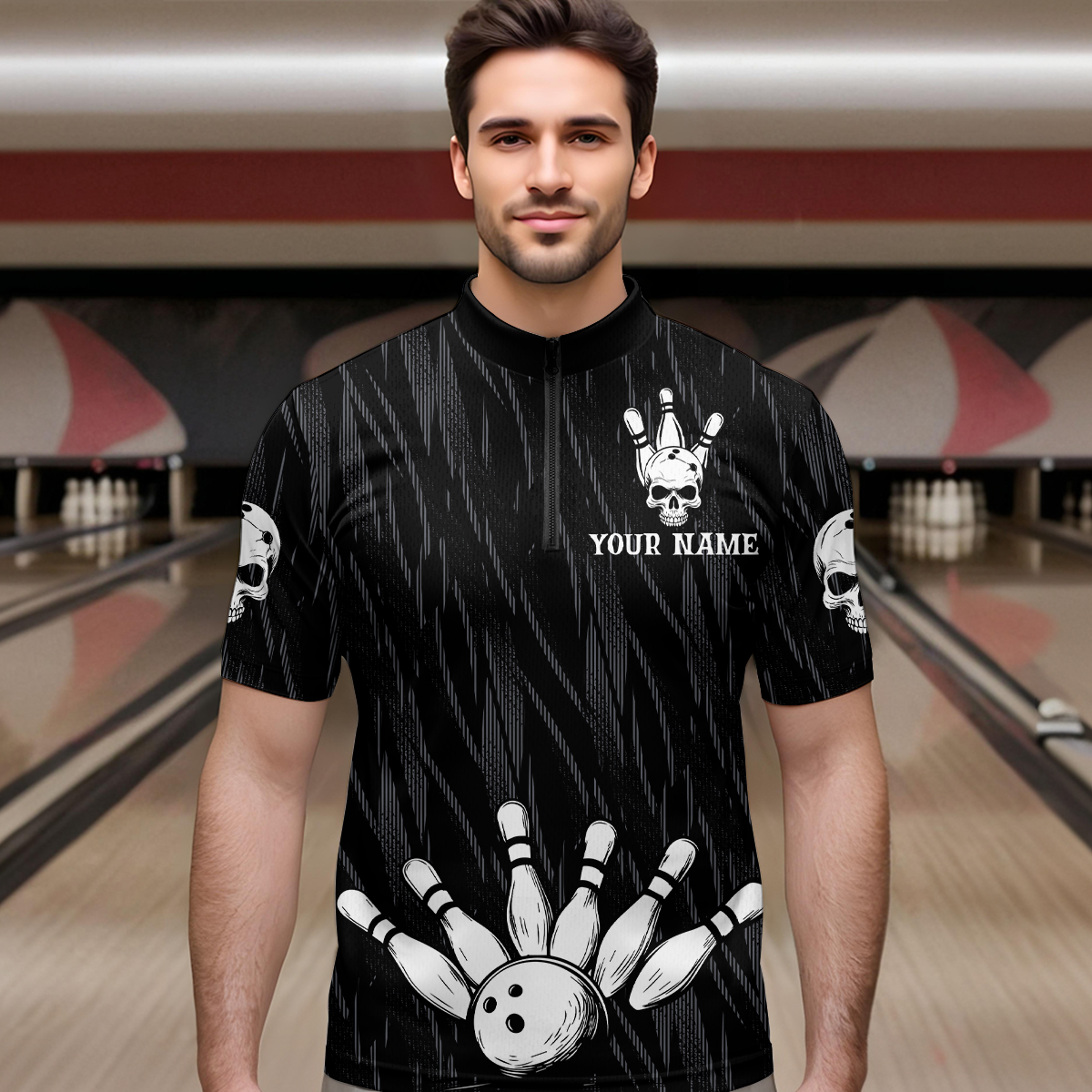 Skull Bowling Shirt for Men 3D Custom Name Team League Bowling Jersey Polo & Quarter-Zip HNT20