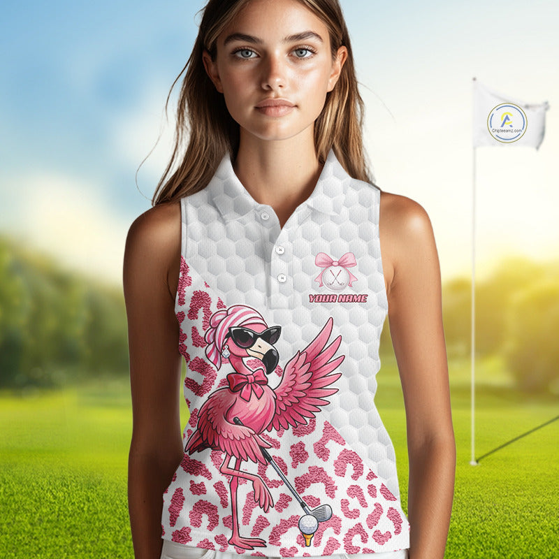 Pink Flamingo Golf Shirt For Women Sleeveless, Funny Leopard Patten Golf Polo Shirt, Ladies Golf Outfit For Team NHT732