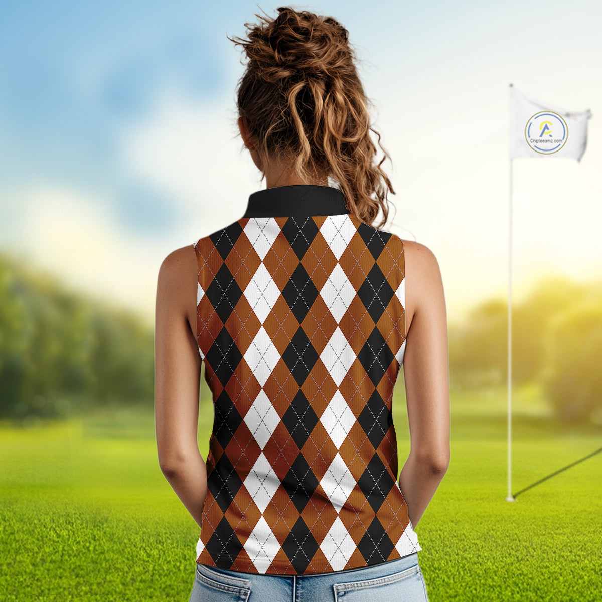 Women sleeveless polo shirt custom brown argyle plaid pattern golf attire for ladies NQS9848