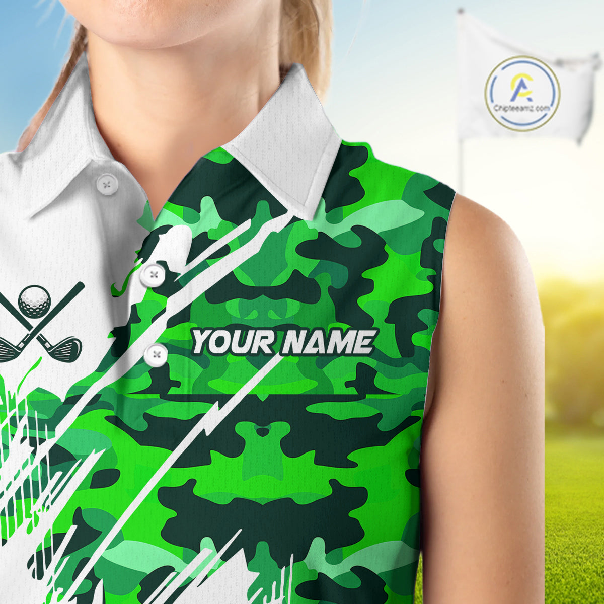 Personalized Women sleeveless golf polo shirt custom white and green camo ladies golf apparel NQS10334