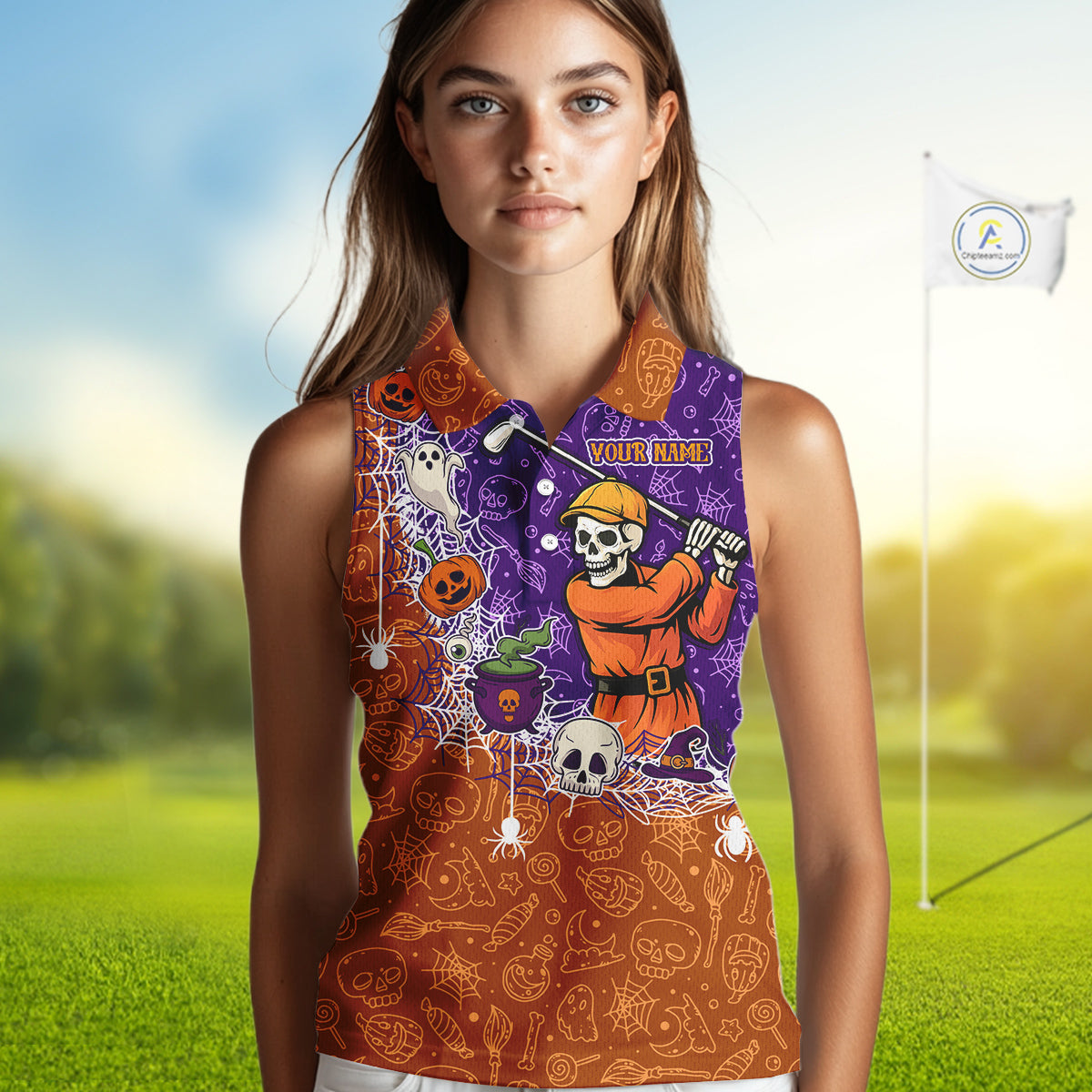 Halloween Skull Playing Golf Sleeveless Polo Shirt Custom Halloween golf outfit For Ladies Golf Gifts NQS10340