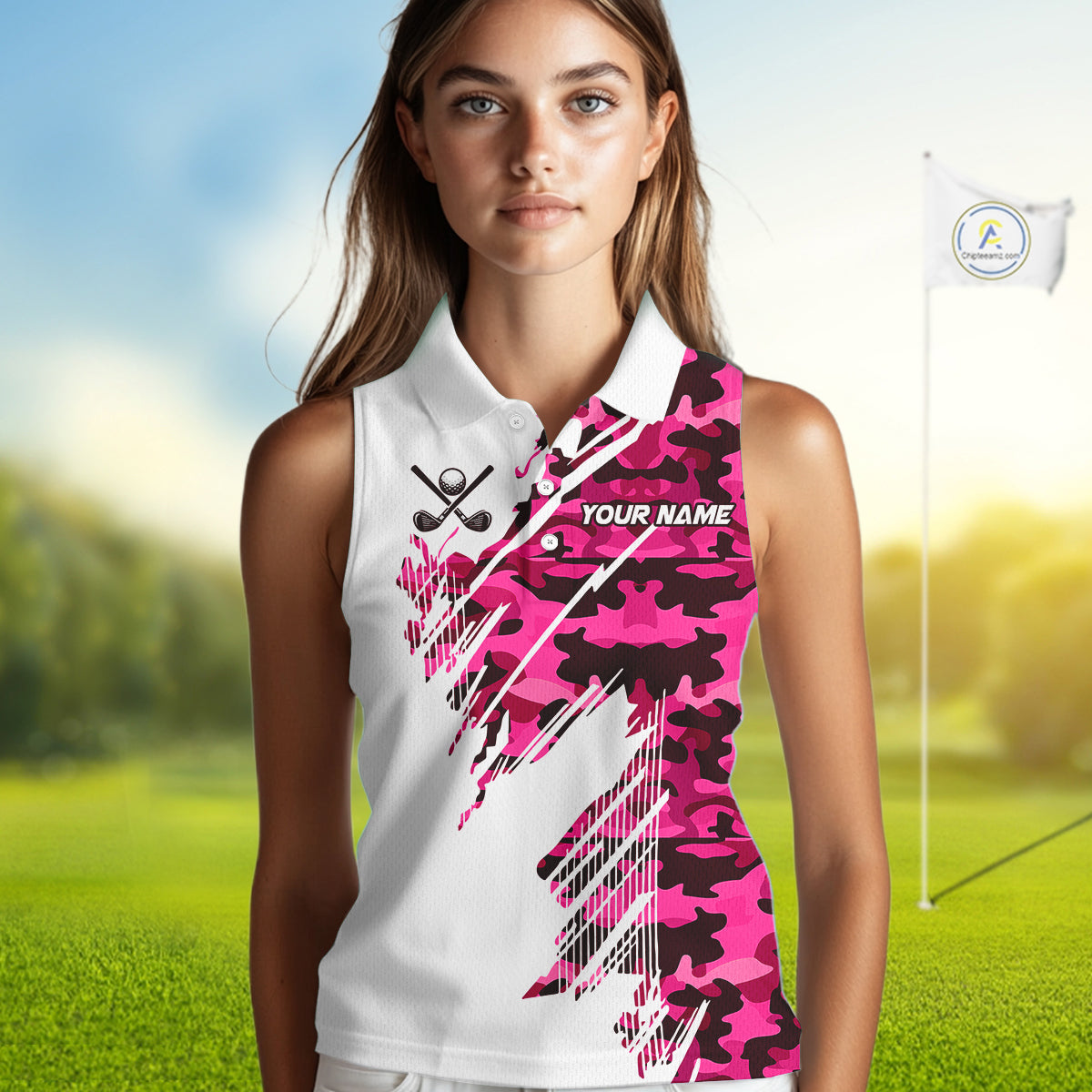 Personalized Women sleeveless golf polo shirt custom white and pink camo ladies golf apparel NQS10335