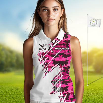 Personalized Women sleeveless golf polo shirt custom white and pink camo ladies golf apparel NQS10335
