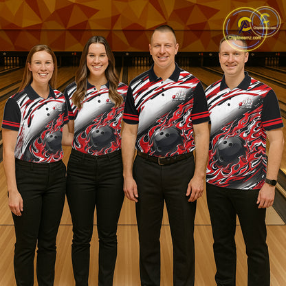 Red Flame Bowling Polo, Quarter Zip Shirts For Women Custom Bowling Team Jerseys, Gift For Bowlers NQS11738
