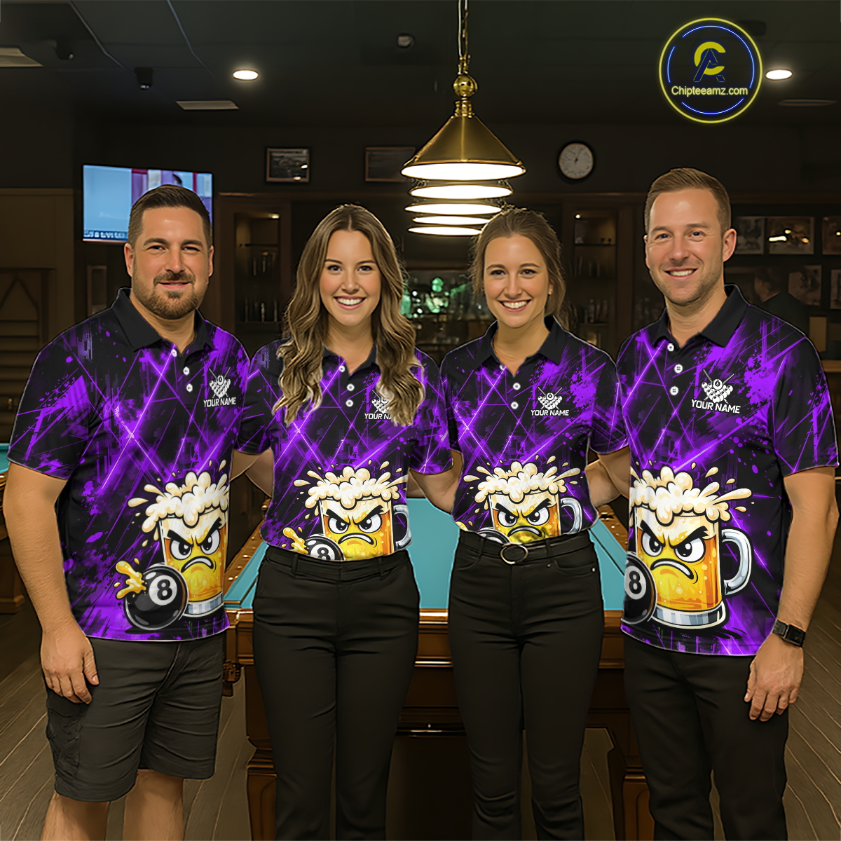 Custom Purple Funny Beer Billiard Shirt for Men Billiard Jersey 8 Ball Pool Shirt Outfit BHT23