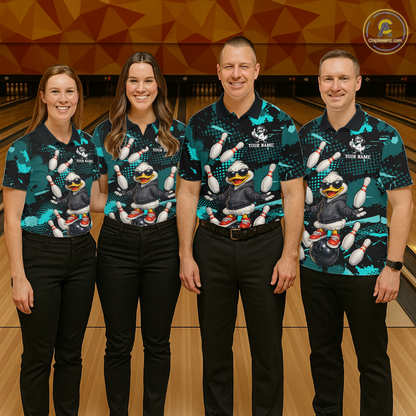 Custom Turquoise Funny Duck Bowling Shirt for Men Bowling Jersey Polo & 1/4 Zip Bowling Outfit QZT943