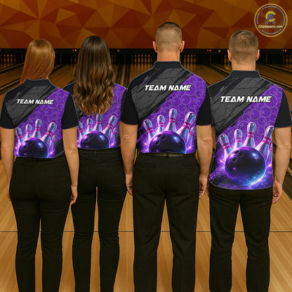 Black and Purple Bowling Camo Polo, 1/4 Zip Shirts for Women Custom Bowling Team League Jerseys NQS11700