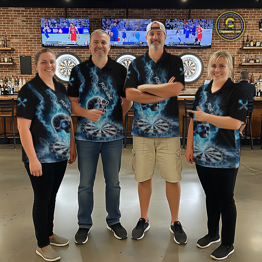 Custom Blue Ice Smoke Skull Dartboard Darts Polo Shirt For Men Dart League Jerseys NYN2122