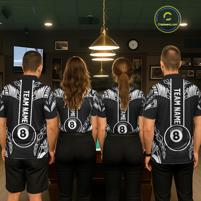 Custom 8 Ball Tribal Pattern Billiard Shirts for Men Billiard Team Shirts Billiard League Polo & 1/4 Zip NNT95