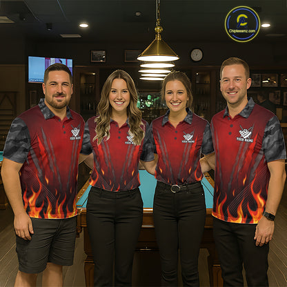 Personalized 8 Ball Red Flames Pool Billiard Polo & 1/4 Zip For Women Custom Camo Billiard Team Jerseys NYN3011