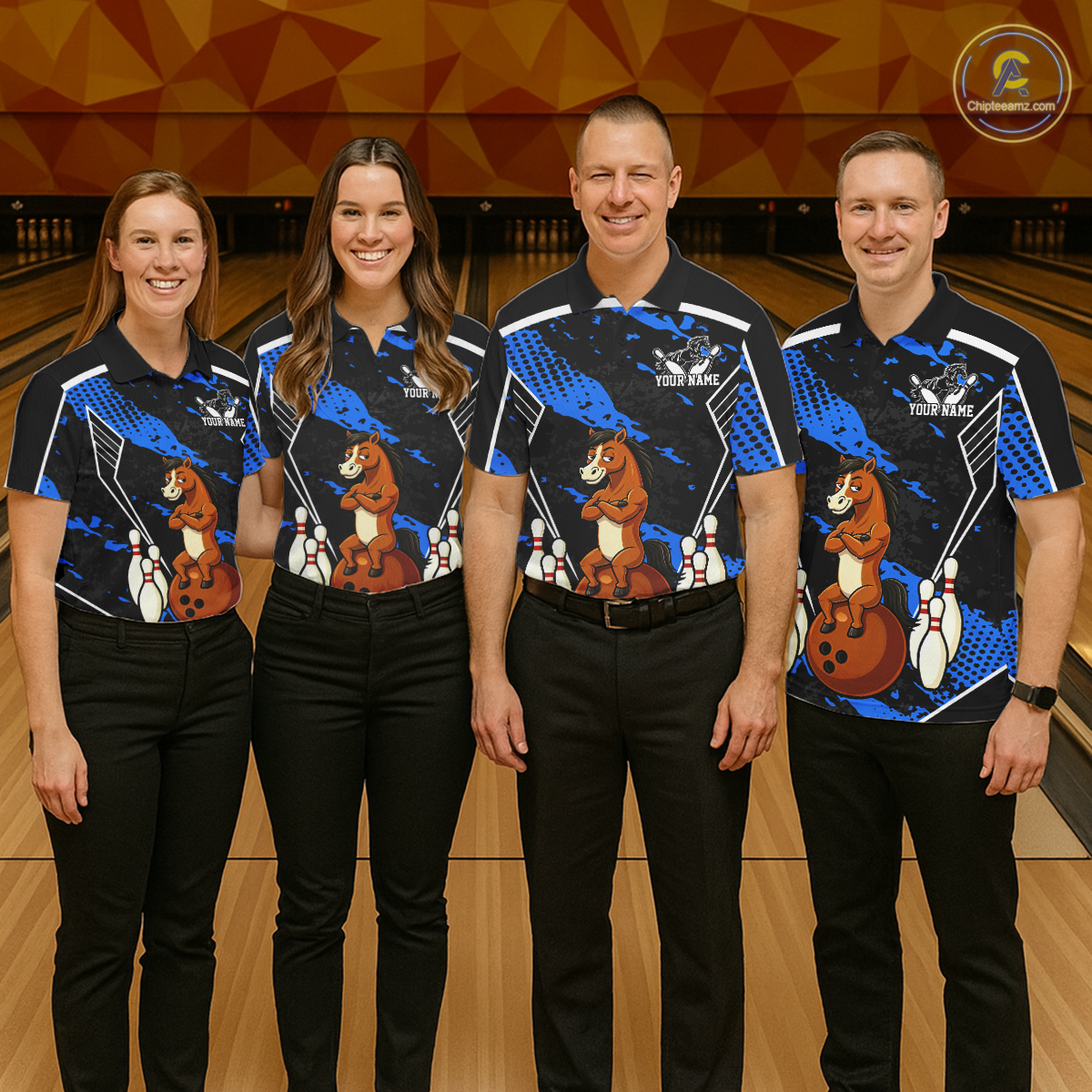 Custom Blue Funny Horse Bowling Tournament Jersey for Women Bowling Team Shirts Polo & 1/4 Zip HNT180