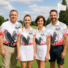 Load image into Gallery viewer, Mens Golf Polo Shirt Custom Eagle Red Flame Team Golf Tops, White Golf Outfit For Men NHN0070