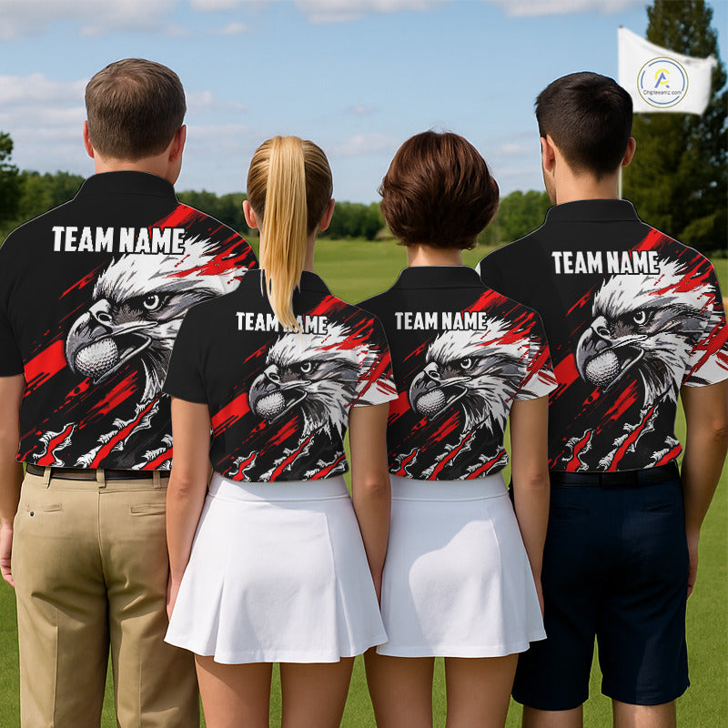Womens Golf Polo Shirts Custom Red & Black Grunge Pattern Eagle Golf Shirts For Men, Golf Apparel NHN0062