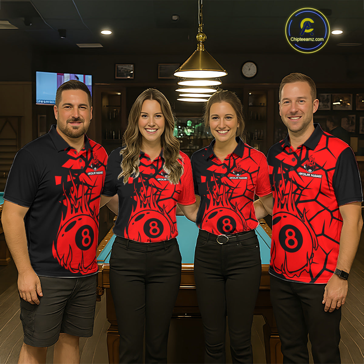 Black And Red Cracked Flaming Pool 8 Ball Men Billiard Shirt Custom Ball Billiard Team Attire NYN2625