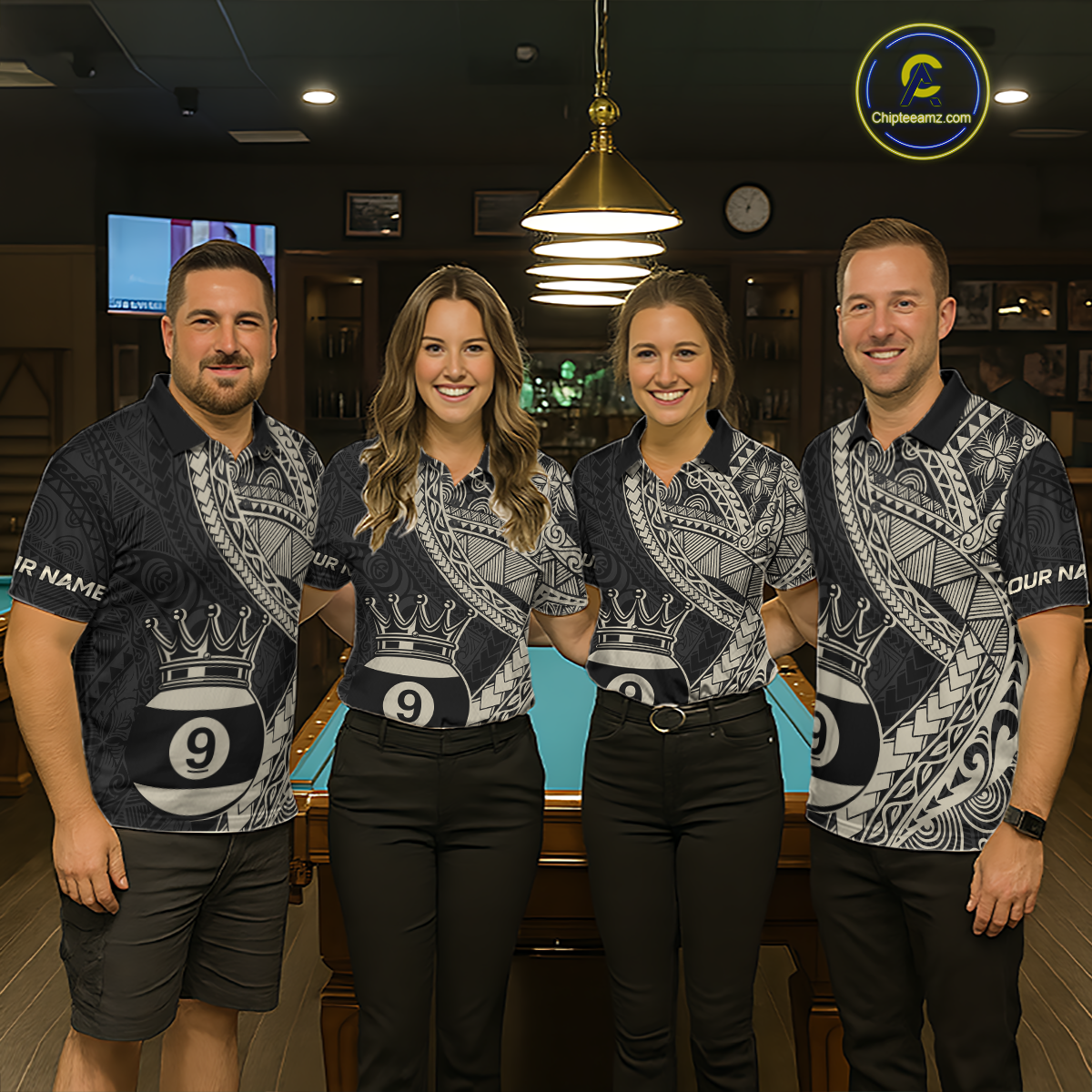 Custom Black and Gold Tribal 9 Ball Pool Billiard Shirt for Men Billiard League  Polo & 1/4 Zip NNT155
