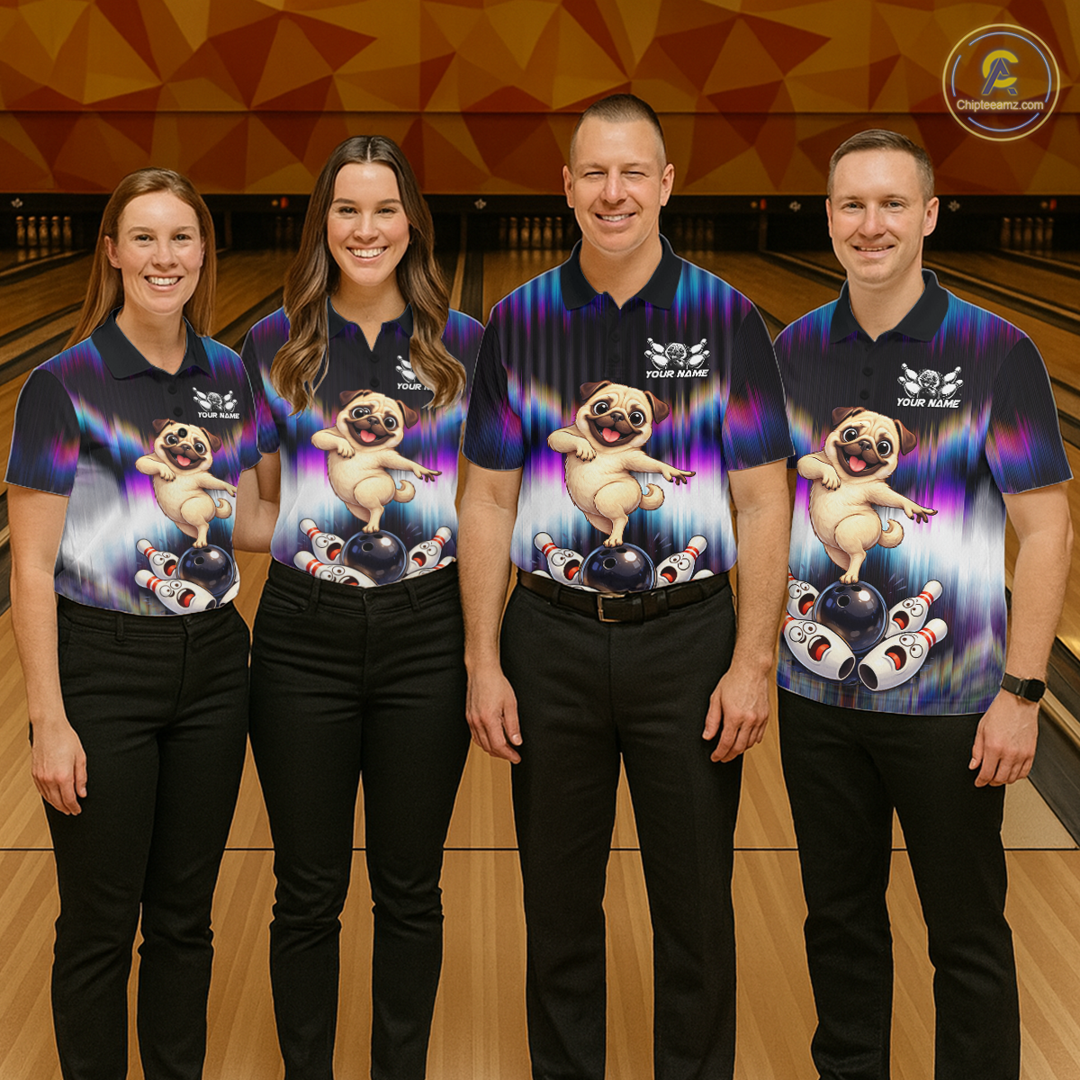Custom Colorful Funny Pug Dog Bowling Shirt Bowling Jersey for Men Polo & 1/4-Zip Bowling Outfit QZT905