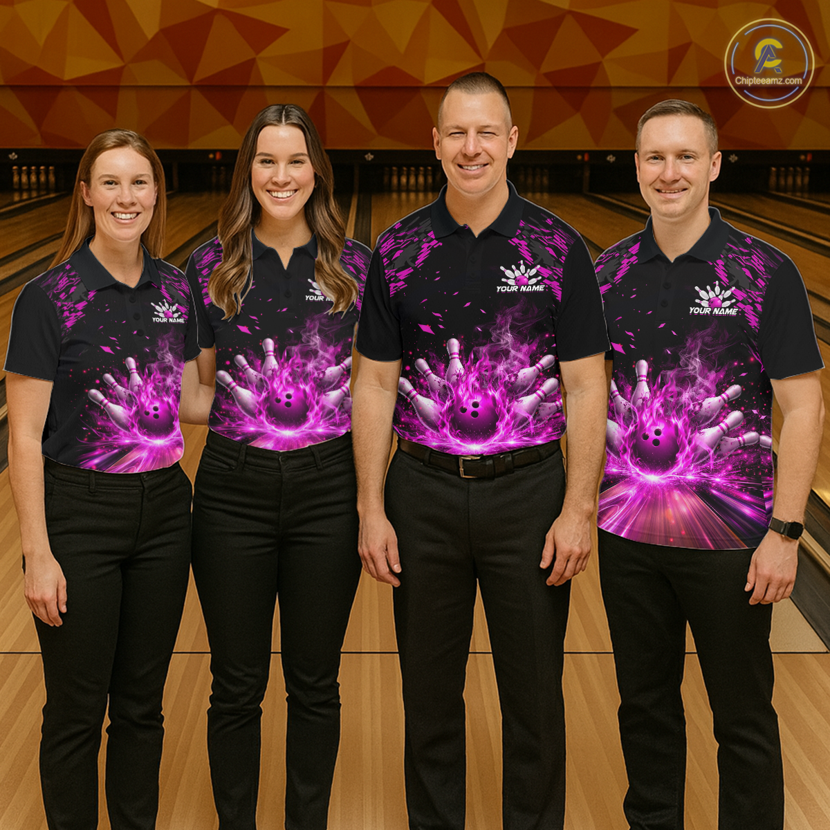 Custom Pink Flame Bowling Team Shirt for Women Polo & 1/4-Zip Bowling Jersey Bowling League Uniform QZT866